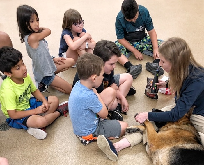 Children at camp observing Tricia trim Bolt's nails.