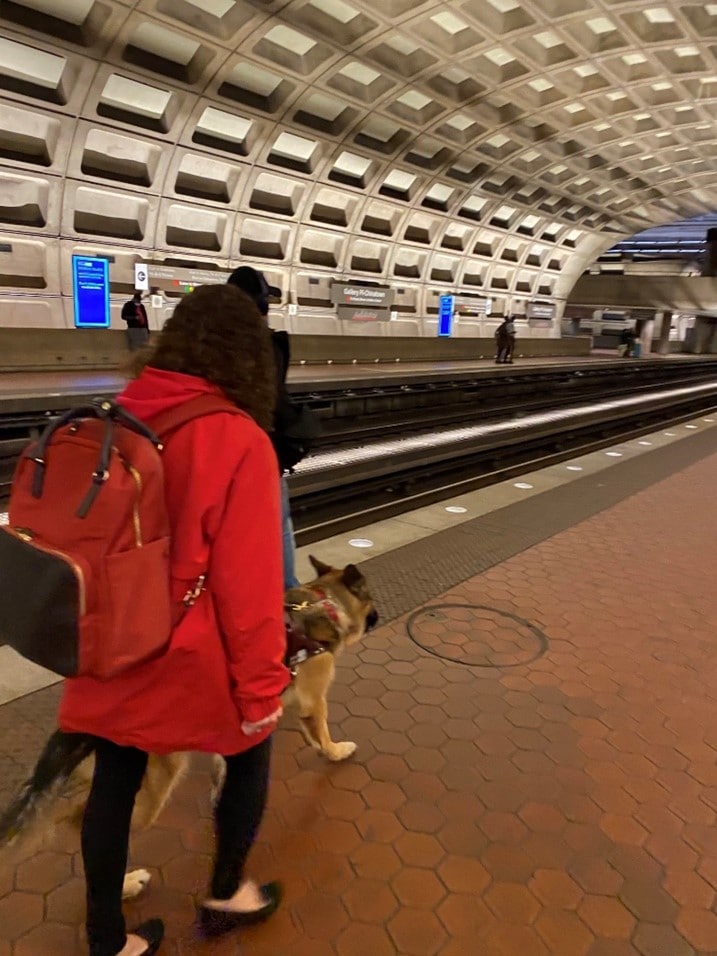 Marien walking with keela guiding her walking away from the camera through a tunnel in the airport