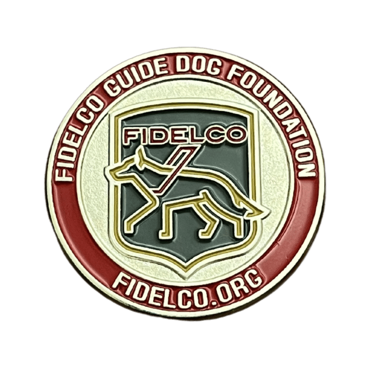 Round soft enamel fidelco pin 1.25" diameter