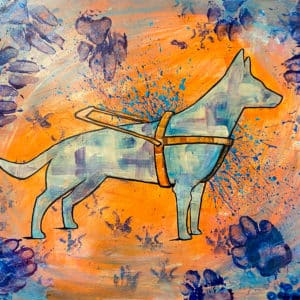 blue gsd in harness with orange background with blue and purple pawprints on the edges