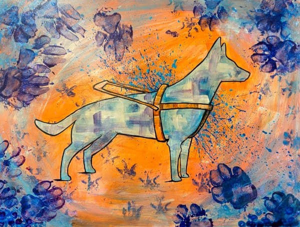 blue gsd in harness with orange background with blue and purple pawprints on the edges