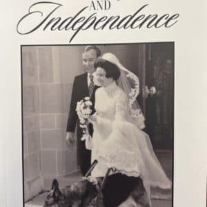 cover of linda wessels book love joy and independence ft image from her wedding leaving the church holding the harness of her guide dog